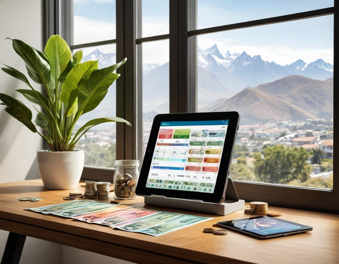 An inviting, modern financial workspace featuring a digital tablet displaying Caja Los Andes' logo, surrounded by stacks of colorful currency notes and coins, illustrating smart savings concepts. Bright sunlight streams through a large window, highlighting a comfortable seating area with a money plant to symbolize growth. Include infographics around the workspace showcasing various financial services offered. super-realistic. vibrant colors. white background.