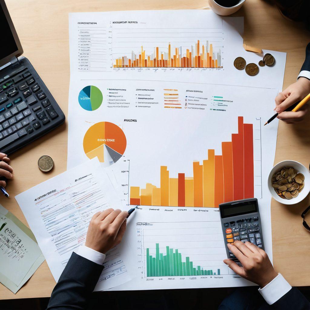 A modern, inviting financial services environment featuring a diverse group of people discussing savings strategies, with graphs and charts in the background showing growth. Include elements of the Caja Los Andes logo subtly integrated, along with stacks of coins and a calculator. The setting should exude warmth and trust, highlighting the idea of community support in financial planning. ultra-realistic. warm tones. white background.