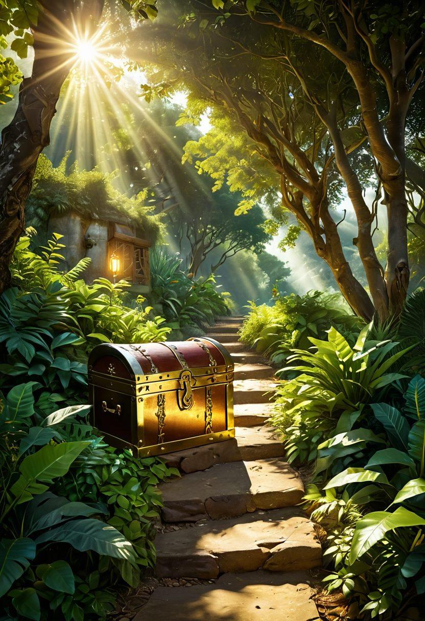 A pathway leading to a shining treasure chest, surrounded by lush greenery and golden rays of sunlight symbolizing prosperity. Include elements like a person climbing the path, looking determined, with Caja Los Andes logos subtly integrated into the scenery. The atmosphere should feel hopeful and encouraging, inviting viewers to embark on their financial journey. vibrant colors. super-realistic.